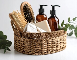 Wellness assortment in a natural basket representing an eco-conscious self-care routine