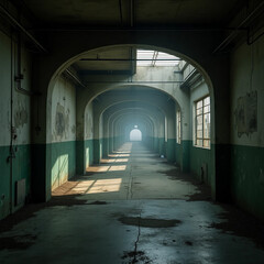 Obraz premium Long Archway Hallway in Abandoned Building