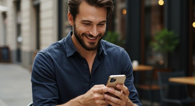 A happy man smiles while looking at his smartphone in an outdoor urban setting, possibly at a cafe - Powered by Adobe
