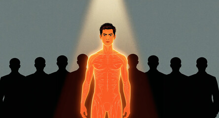 Conceptual digital illustration of the best job candidate standing out from the crowd, glowing figure in spotlight with abstract futuristic background, symbolizing excellence and career distinction