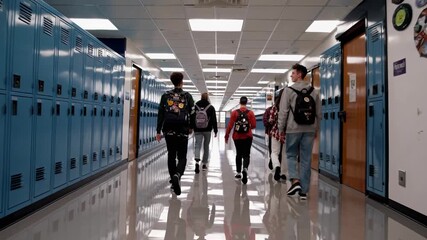 Groups of students are seen walking through a well-lit school hallway filled with blue lockers
