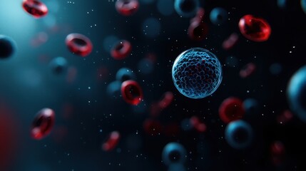 Naklejka premium Stem Cell Therapies Concept. Close-Up View of a Bright Blue Cell Surrounded by Red Blood Cells in a Dark Environment