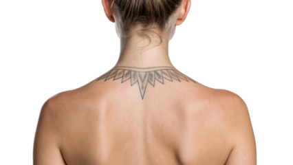 young woman with back tattoo