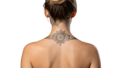 Elegant woman model with beautiful healthy skin showing her back and her tattoo