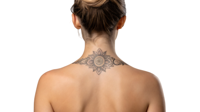 Elegant woman model with beautiful healthy skin showing her back and her tattoo