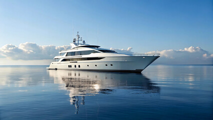Naklejka premium Luxury white motor yacht anchored in calm blue waters with perfect reflections under cloudy sky at golden hour