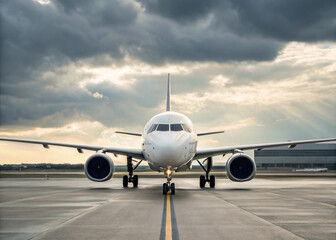 Fototapeta premium Modern white private jet positioned on airport runway with landing gear down against clear blue sky backdrop
