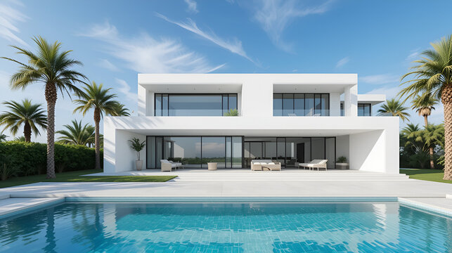 Exterior of amazing modern minimalist cubic villa with large swimming pool among palm tree