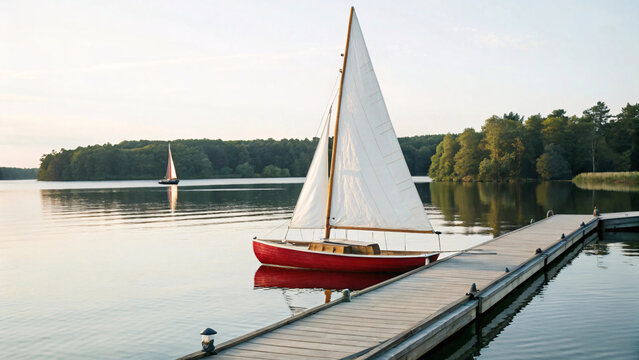Classic wooden sailboat with white triangular sail navigating peaceful lake waters surrounded by lush green forested shoreline