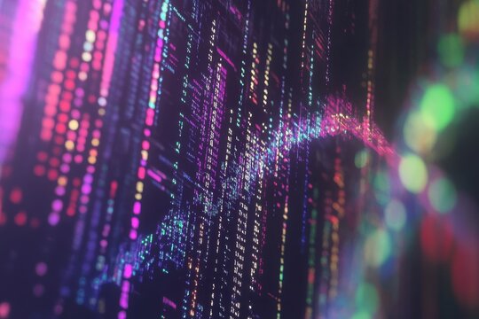Animating DNA strand merges with programming code in a dark digital landscape, Animating DNA strand and programming code over dark background