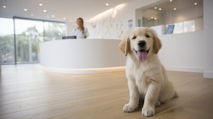 Golden retriever puppy welcomes visitors at modern veterinary clinic indoor setting friendly ambiance