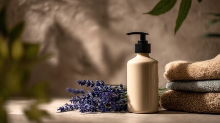 Relaxing lavender oil bottle with soft towels spa environment natural ingredients tranquil viewpoint