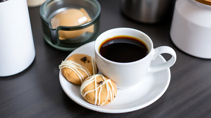 View of white coffee cup full with black coffee together with round cookies enrobed with white chocolate standing on a white plate at kitchen