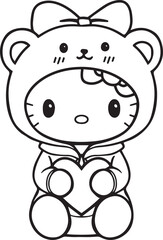 cute kawaii kitty cat coloring page with bear hoodie and heart in hands print ready vector for kids adults printable template