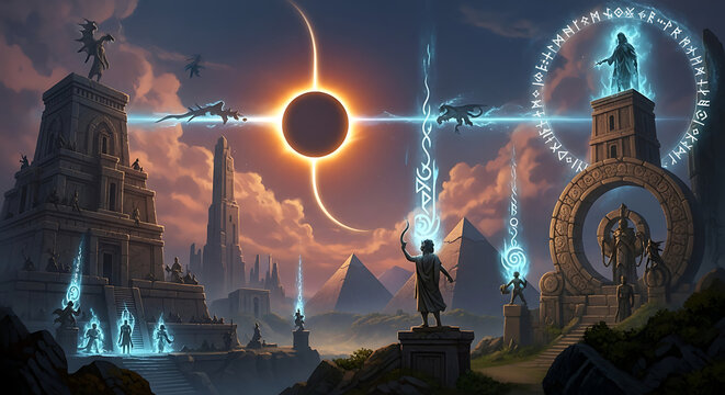 A sorcerer casts a spell during a solar eclipse, surrounded by ancient structures, dragons, and glowing magical energy.