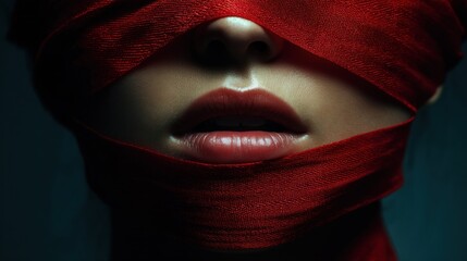 Emotional portrait of a woman with red fabric studio setting artistic photography close-up view conceptual imagery