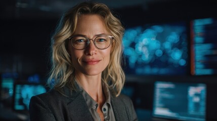 Data security operations cybersecurity center professional portrait modern office close-up leadership in technology