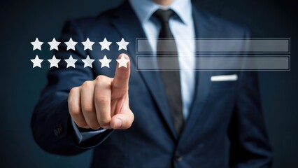 Confident businessman selects five stars on a digital interface, rating service or product quality.