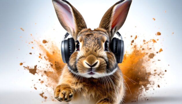 A brown rabbit wearing headphones runs through an orange and brown dust cloud