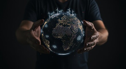 Man holding glowing Earth globe promoting sustainable energy solutions for a brighter future world