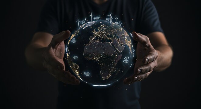 Man holding glowing Earth globe promoting sustainable energy solutions for a brighter future world