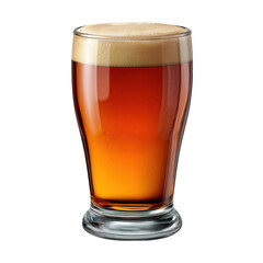 A full glass of amber beer with a thick head of foam isolated on transparent background