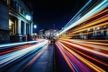 Obraz premium Spectacular time lapse of Trafalgar Square showcasing vibrant light trails at night, A spectacular time lapse of Trafalgar Square with traffic light trails in London, England, UK