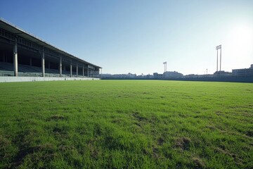 Green football field ready for action in an urban stadium during bright daylight, condition of the football field stadium grass