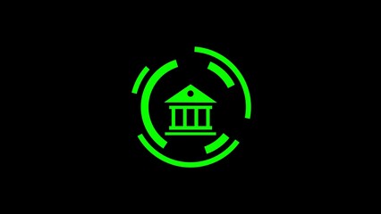 Green bank symbol with circular highlights on a sleek black background for digital design