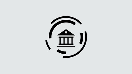 Minimalist icon of courthouse or bank building symbol surrounded by abstract circular elements