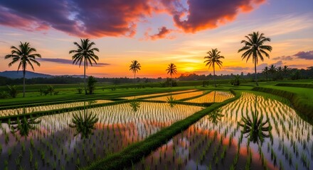 Obraz premium A vibrant sunset reflecting on flooded rice fields and silhouettes of palm trees