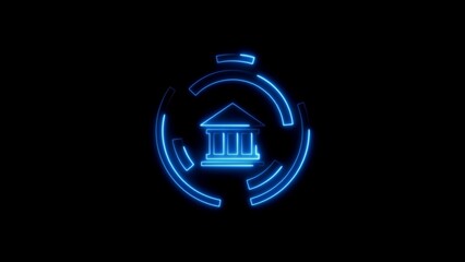 Glowing neon bank building icon within circular digital interface elements on black background