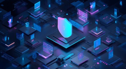 Futuristic digital shield glowing protectively over abstract network nodes with neon blue and pink lights