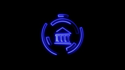 Neon blue bank building icon within a digital futuristic circle on black background