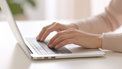 柔らかな光の中でノートパソコンを操作する手元の様子