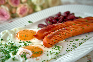 A Delicious Plate of Breakfast Featuring Eggs, Sausages, and Kidney Beans Presented with Fresh Herbs and a Touch of Elegance