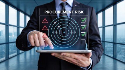 Businessman analyzing procurement risk data on futuristic touchscreen in modern office