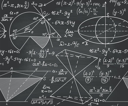 Math educational vector seamless texture with handwritten mathematical formulas, equations and geometry figures, grey chalkboard background