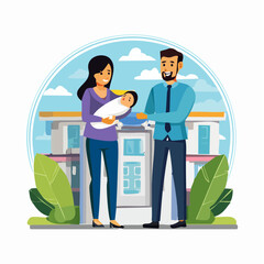 A Happy Family with a Newborn Baby Posing in Front of a Modern Building with Greenery and Blue Sky Background