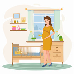 A happy pregnant woman in a yellow dress stands in a nursery next to a crib and a dresser with a window in the background.