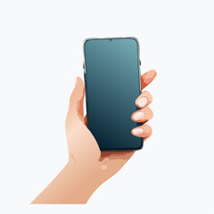 A human hand holding a modern smartphone with a dark blue screen and a subtle notch at the top against a clean white background