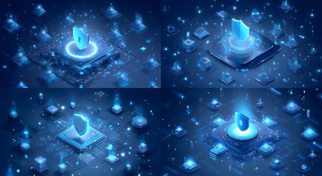 Dynamic digital network security with glowing shield icons and data flow