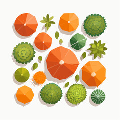 A vibrant collection of top-down view illustrations featuring colorful umbrellas and lush green trees on a clean white background creating a lively outdoor scene.