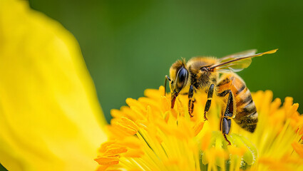 Honeybee Collecting Pollen on a Yellow Poppy Flower