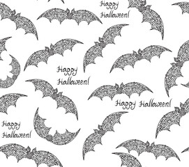 Beautiful decorative Halloween vector seamless pattern with ornamental flying bats and the words "Happy Halloween!"