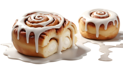 Two delicious cinnamon rolls with white icing dripping down isolated on transparent background