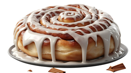 A sweet cinnamon roll with white icing on a plate isolated on transparent background