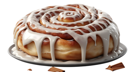 A sweet cinnamon roll with white icing on a plate isolated on transparent background