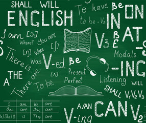 Educational "back to school" vector seamless pattern with handwritten English language grammar rules, tables, green "chalkboard" background