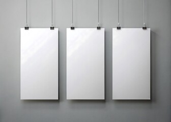 Three blank white posters hanging on a grey wall with clips
